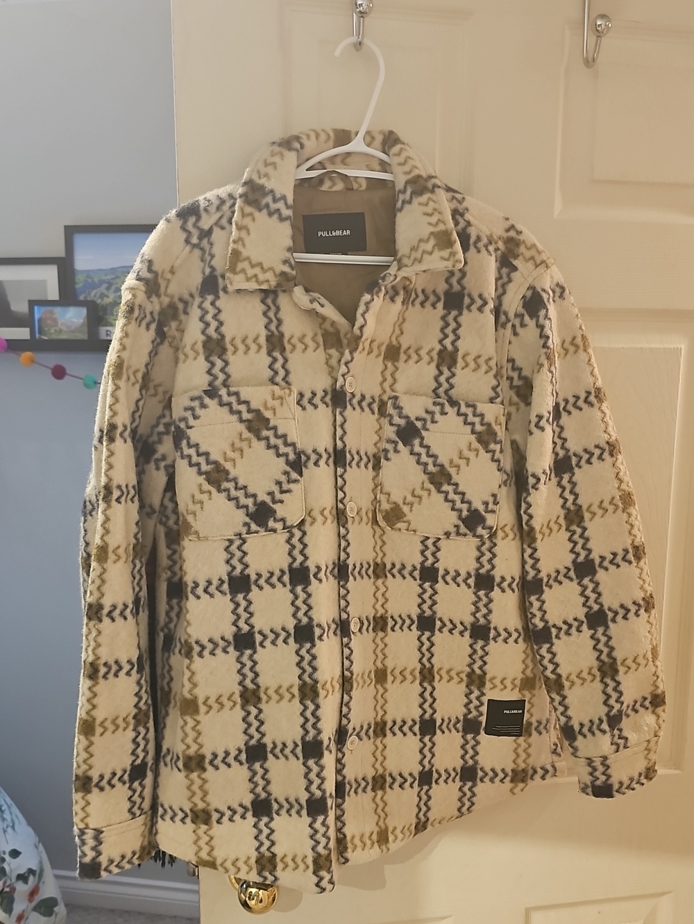 Pull&Bear Cream Plaid Teddy Jacket with Black and Tan Checks